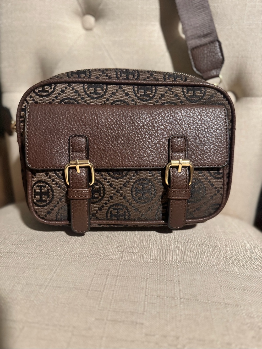 Brown Crossbody Bag with repeated pattern Buckle Detail-NWOT